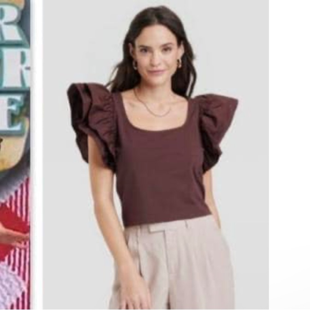 NWT A New Day Brown Flutter Sleeve Short Sleeve Top Size Medium